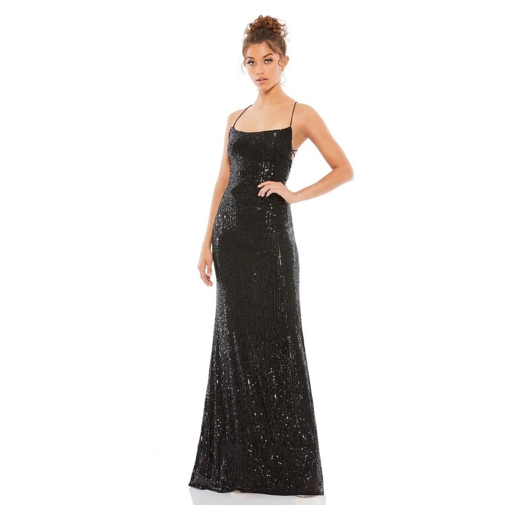 Mac Duggal 26269 Black Stretch Sequin Lace Up Back Evening Gown Size 8